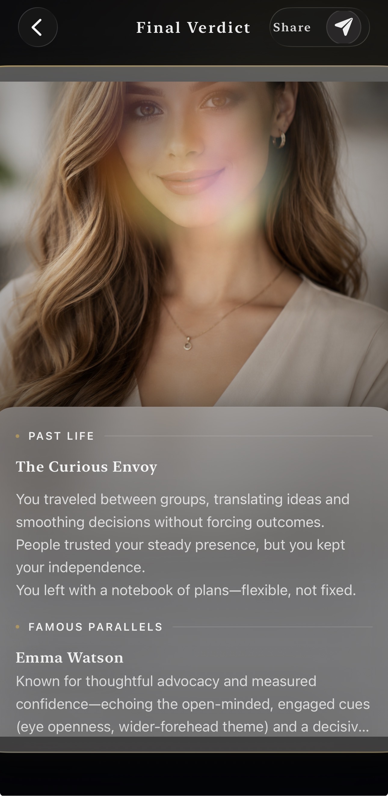 FaceFortune sample result screen (English).